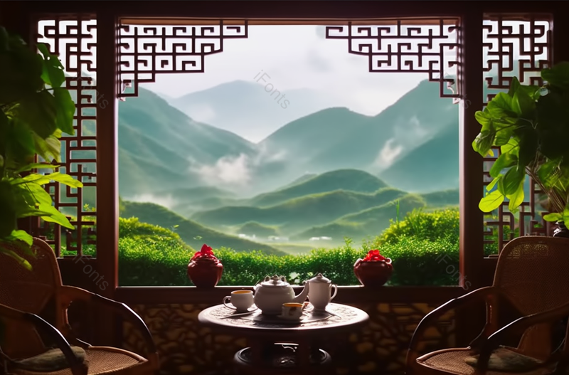 茶园里的茶舍及茶具翠绿色的茶园和山峰背景,高清,摄影图,摄影图片,图片大全,摄影图免费下载